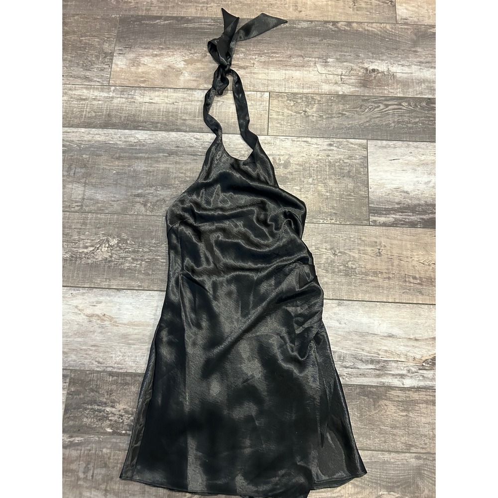 The Post Black Satin Halter Mini Dress Ruched Side Open‎ Back S20273 Small